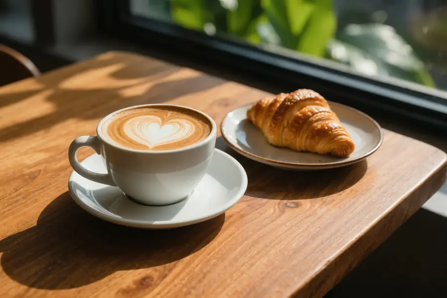 En cappuccino med latte art og en croissant